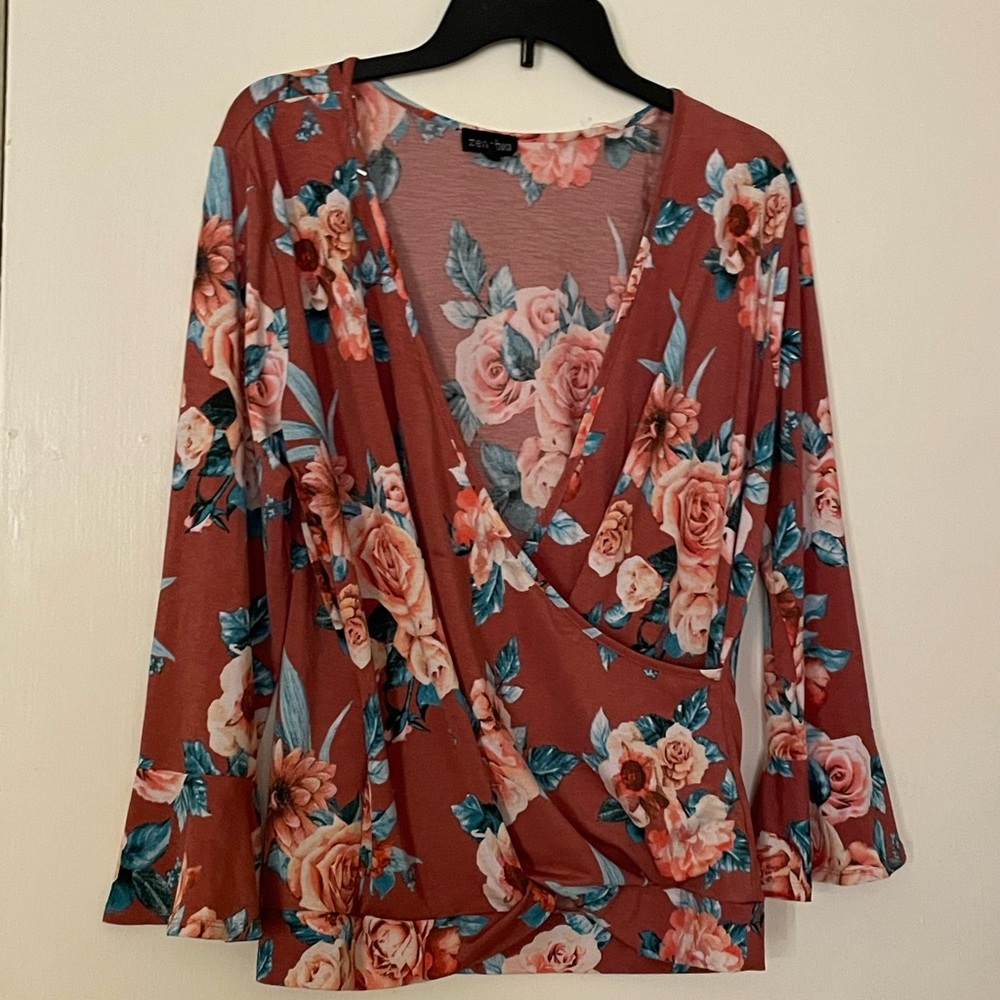 Zenobia Orange Long Sleeve Floral Blouse